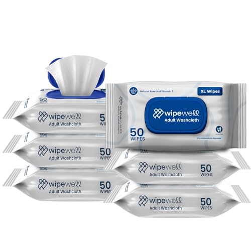 WipeWell Extra Large Adult Wipes for Incontinence – Disposable Adult Washcloths with Aloe & Vitamin E – Premium Washcloth, Soft, Durable Cleansing Wipes for Adults – 6 Pack (300 ct)
