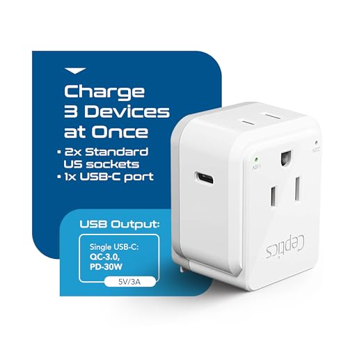 Image of Ceptics UK, Hong Kong, Travel Plug Adapter Set, Safe Grounded USB-C 30W PD & QC 3.0-2 USA Socket - Compact & Powerful - Ireland, England, Dubai, Saudi Arabia - Includes Type G Swadapt Attachments