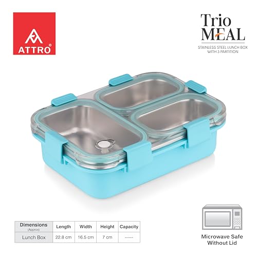 Image of ATTRO Trio Meal Stainless Steel Lunch Box with 3 Partition, Microwave Safe, Airtight Leakproof Silicone Seal Lid, BPA-Free Food Grade Tiffin Box for Office School Kids - 600ml - Blue
