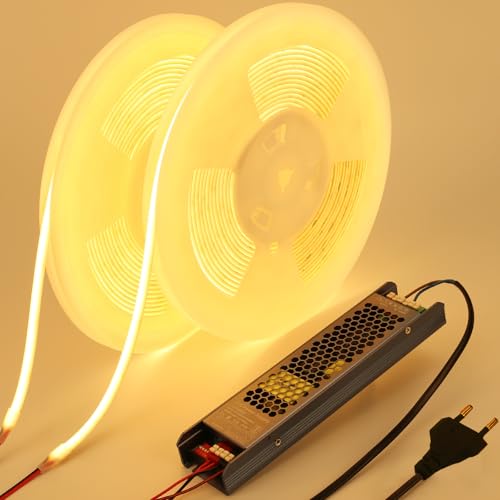 BENLUN 24V COB LED Strip Light Buiten Melkachtige Silicone Waterdicht 20M (10M X 2), 3000K Warm Wit Ultrahelder 160W IP65 Lichtstrip, met Voeding en Stekker, voor Slaapkamers Commerciële