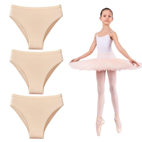 Artomnivera Paquete de 3 ropa interior de baile para niñas, bragas de ballet de cintura alta sin costuras para danza, gimnasia, pantalones de color piel para niñas de 3 a 12 años, calzoncillos de