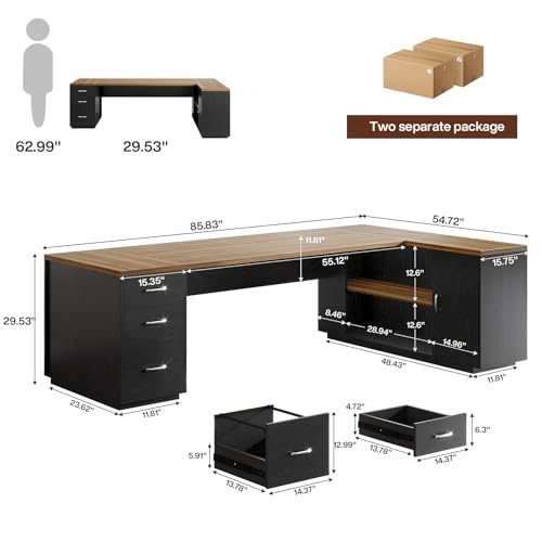 Image of Tribesigns 85.8-Inch L-Shaped Executive Office Desk with File Drawers & Storage Cabinet, Professional Corner Computer Desk Extra Large Business Workstation with Adjustable Shelves (Brown&Black)
