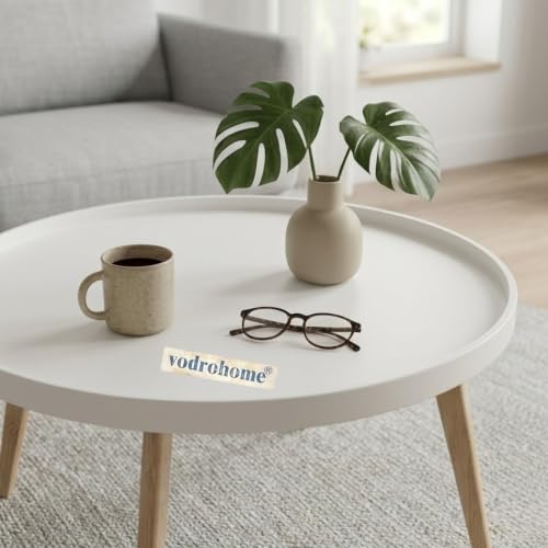 Image of Mango Solid Wood Coffee Table - Round Centre Table with- Mango Ideal Tea Table for Living Rooms C#045 (White Deco and Natural)