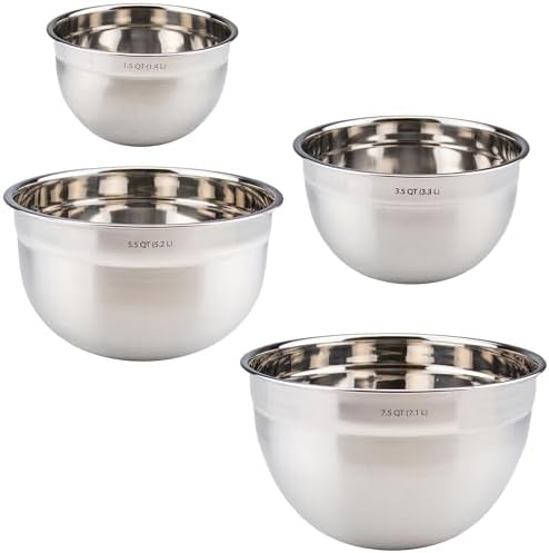 Tovolo Stainless Steel Mixing Bowls Set of 4 Small Medium Large XL Metal Bowl Set for Cooking Baking Prep, Dishwasher Safe Nesting Mixing Bowls Set, Freezer Storage and Mixer Safe Heavy Duty Bowls