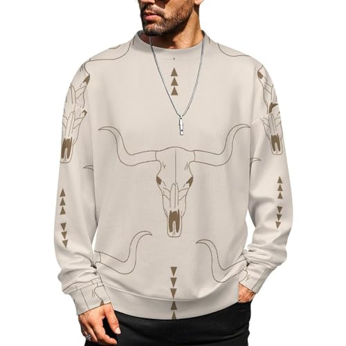 Mens Sweater Western Cow Skull Men's Crewneck Pullover Sweaters Lightweight Crew Necks Sweatshirts