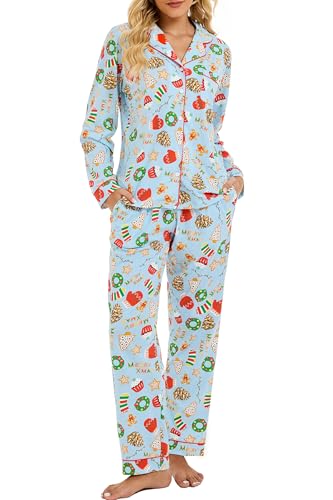 Image of LUBOT Christmas Pajamas for Women 100% Cotton Pajama 2 Piece PJ Set Soft Long Sleeve Button Xmas Print Loungewear XS-XXL