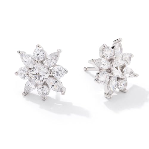 JTV 4.15 CTW Cubic Zirconia Flower Stud Earrings for Women - Rhodium-Plated Sterling Silver - Round-, Square-, & Marquise-Cut Diamond Simulants - Sparkling Gift Jewelry in Elegant Box