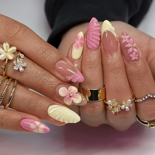 Almond Press on Nails Short French Fake Nails Yellow Pink