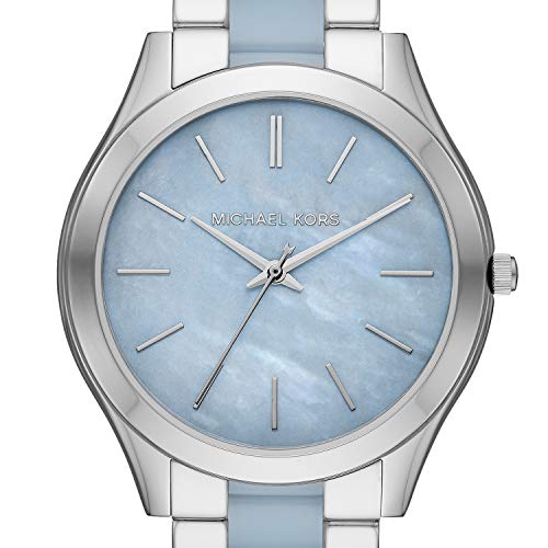 Image of Michael Kors Women's Slim Runway Three-Hand Stainless Steel Quartz Watch, Silver & Blue, Quartz Watch