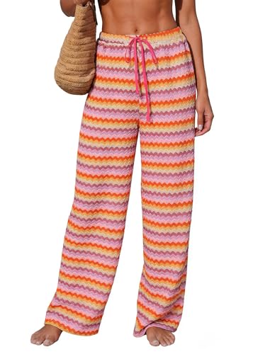 Image of ZAFUL Womens Beach Cover Up Pants Sexy Crochet Drawstring Elastic Boho Swimsuit Cover Up Long Pants Beach Wear