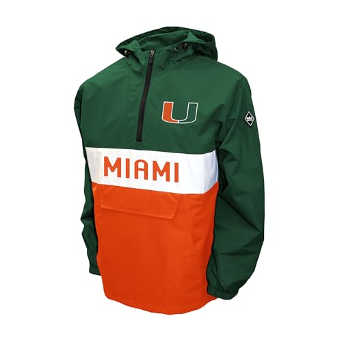 2Bhip NCAA Miami Hurricanes Jacket - Mens Green Half Zip Waterproof Windbreaker Hoodie Pullover With Pocket - Campus Jackets