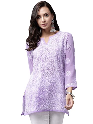 Image of Ada Women's Georgette Regular Fit Chikankari Hand Embroidered Lucknow Short Kurti Top A911224
