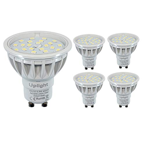 Regulable Bombillas GU10 LED,Luz Blanco Natural 4000K,5.5W Equivalente 60W Halógena,600lm,Ra85,Angulo de haz de 120°,Pack de 5.