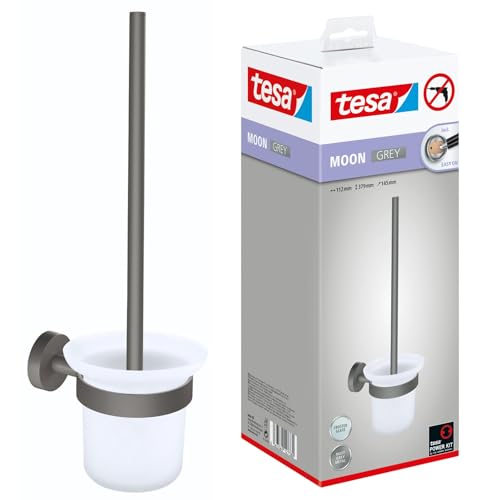 tesa® MOON GREY Ensemble WC Support et Brosse WC, Gris Mat, Verre Satiné - Salles de Bains Modernes et Style Industriel - Sans Perçage - 379 mm x 112 mm x 145 mm