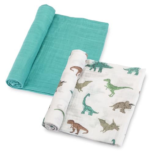 Image of LollyBanks Baby Swaddle Blankets 2 Pack, 100% Cotton Muslin Blankets 47 x 47 Inches, Soft and Breathable Newborn Receiving Blanket for Boys, Cozy Infant Swaddle, Baby Essential (Dinosaur and Blue)