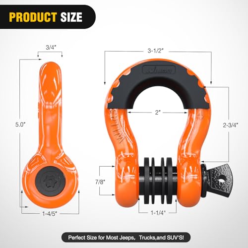 Image of Nilight 3 /4 inch D Ring Shackle 2 Pack 19T (41,887 lbs) Break Strength 4.75T WLL Heavy Duty Towing Hook with Anti-Theft System Anti-Rattle Isolators for Truck Jeep SUV ATV UTV Recovery Orange