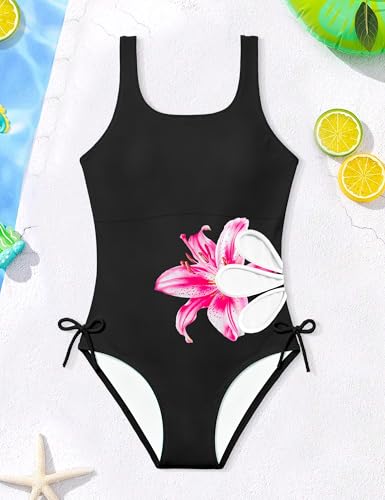 Image of KANGKANG Girls Swimsuit Solid Color Cut Out One Piece Bathing Suit with Chest Pad Adjustable Strap Round Neck Girls' Swimwear