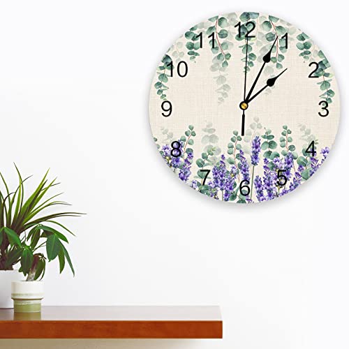 Lartdumur Wall Clock Green Eucalyptus Lavender Clocks Easy To Read Battery Operated Watercolor Leaves Purple Flower Retro Decorative For Living Room Kitchen Home Office 12 Inch #TOP1