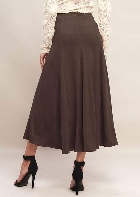 utcoco Women's Faux Suede Midi Skirt High Waisted Ruffle A Line Flared Fall Winter Long Skirt - Image 4