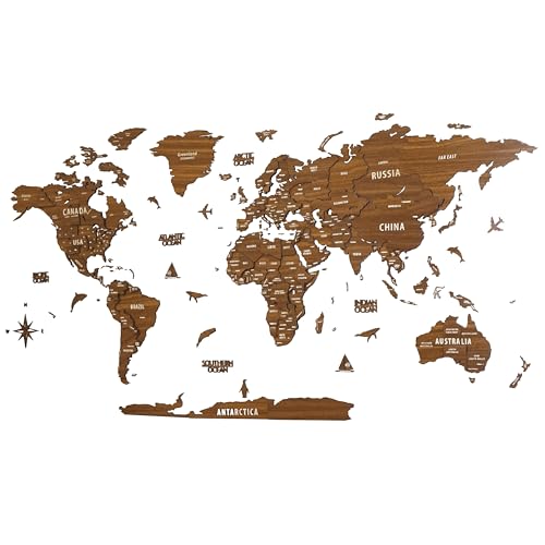 Colorfull Worlds Multilayer 3D Wooden World Map Travel Map States and Capitals Wall Decor For New House Gift For Travelers Office Decor Birthday Present Living Room Decoration (M Light Brown)