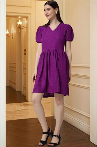 Image of POPWINGS Casual Self Crush Design Solid Knee Length Blouson Peplum Dress for Women || Stylish Summer Dress for Women || Knee-Length Dress for Women || V-Neck Dresses for Women
