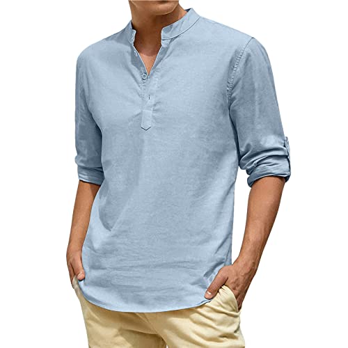 Camisas masculinas de linho manga casual algodão verão top sólido e cor longa botão redondo masculin