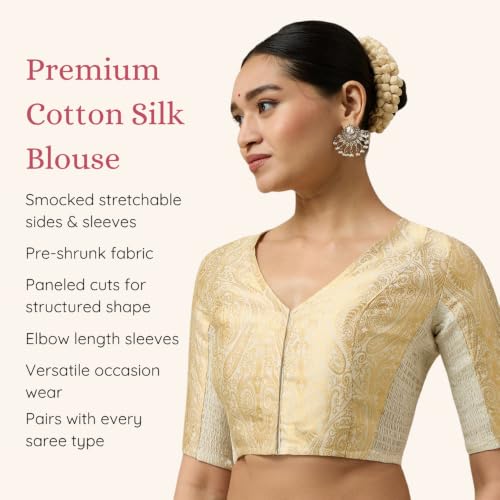 Image of Studio Shringaar Women's Brocade Side Stretch (Smocked) Readymade Saree Blouse