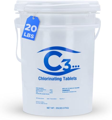 Image of C3 20 lbs. 3 inch Stabilized Chlorine Tabs for Swimming Pools | Easy to Use for Above Ground or Inground Pool | Slow Dissolving Individually Wrapped Chlorinating Tablets | 20 Pound Bucket