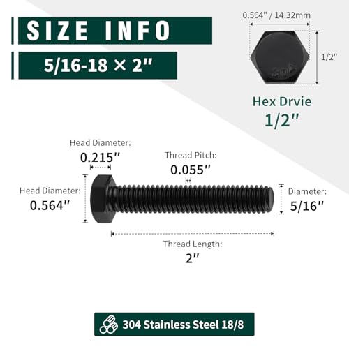 Image of 5 /16-18 x 2 inch Hex Head Bolts Black, 304 Stainless Steel 18-8 Hexagon Head Screws Bolts, Black Oxide Finish, Allen Hex Drive, 10 PCS