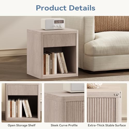 Image of OLIXIS Set of 2 Modern Nightstand, 22.7 inch Fluted Drawer Wood Bedside Table | Compact white oak nightstand with drawer & open shelf, sturdy multi-use end table for bedroom, sofa side table, entryway