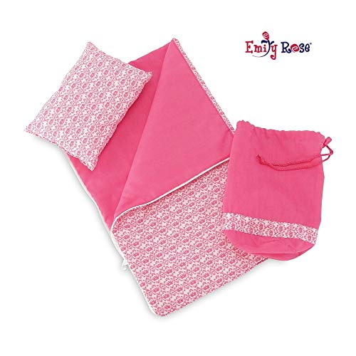 Emily Rose 18 Inch Doll Accessories | Reversible Pink and White Princess Crown Sleeping Bag Set with Pillow and Drawstring Storage Bag | Fits American Girl Dolls