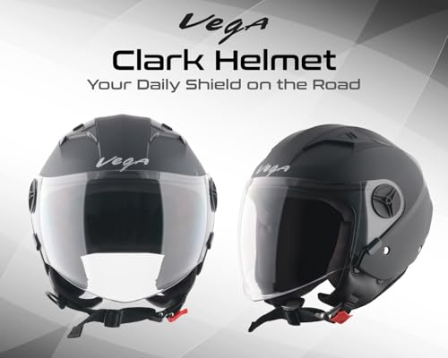 Image of Vega VO-05 Clark ISI Certified Open Face Motorcycle Helmet with High-Impact ABS Shell, Scratch-Resistant Visor, Comfortable Breathable Inner Padding & Secure Strap - Dull Black - M