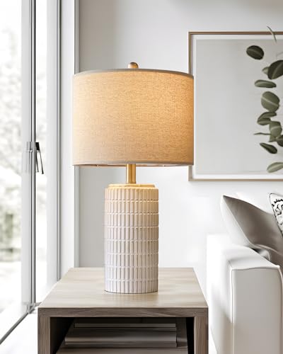 Image of PoKat 23'' Bedside Table Lamp for Bedroom Nightstands, Modern Ceramic Decor | White Desk Lamp, Nickel Pole, House Warming & Birthday Gifts, for Women Mom, Ideal Table Light for End Table & Living Room