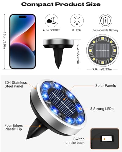 btfarm Solar Lights Outdoor Garden, 10 Pack 8 LED Solar Ground Disk Lights Outdoor IP65 Waterproof for Garden Pathway Lawn Patio Yard Landscape (Blue)