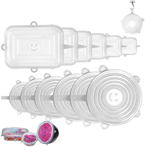 La mejor comparación de Tapas para cacerolas para comprar hoy. 47 Tapas de Silicona Elásticas Reutilizables, 12 Piezas (6 Redondas y 6 Cuadradas) Tapas Silicona Ajustables Cocina, Sin BPA, para Lavavajillas, Microondas, Horno o Refrigerador
