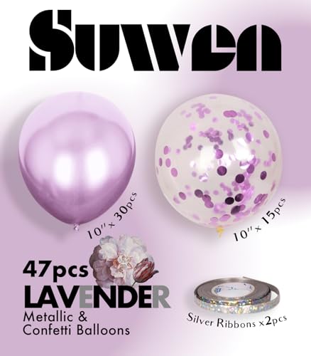 Image of SUWEN Metallic Lavender and Confetti Balloons Set 47PCS Light Purple Latex | Helium Chrome Balloon for Birthday Anniversary Party Decorations