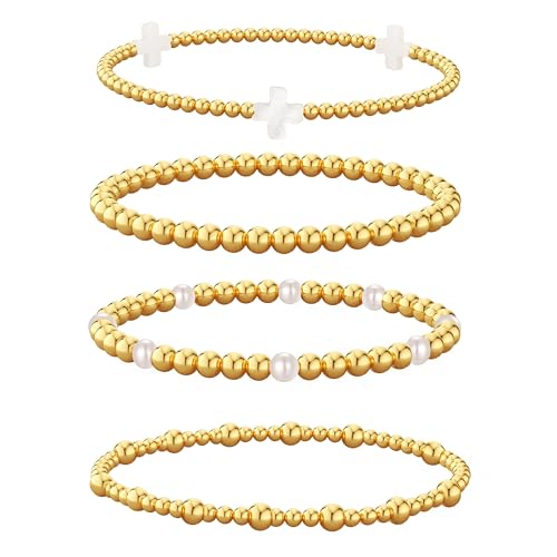 Cuzmly Gold Bracelets for Women, Waterproof 14K Gold Plated Stackable Enewton Bracelets for Women Non Tarnish Trendy Dainty Beaded Cross Chain Bracelet Pack Stack Adjustable Jewelry for Women
