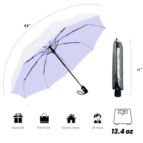 Image of SIEPASA Compact Travel Umbrella - Windproof Auto Open /Close, Small Folding Umbrella for Rain & Sun with UPF50+ - Lightweight Frame, Waterproof - Fits Backpack, Purse, Suitcase.(Silver /Light Purple)