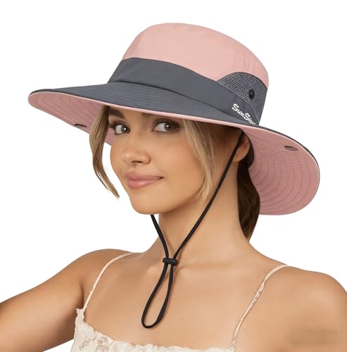 Sun Hat for Women Summer UV Protection Beach Hat Wide Brim Mesh Bucket Fishing Hat with Ponytail Hole Foldable Packable Hat Pink