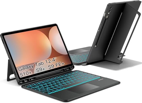 RTSY Kickstand Combo Keyboard case for Samsung S10+/S9+/S9 FE Plus (12.4 Inch) with 7-Colors Backlit, Multi-Touch Trackpad, Dual Orientation, Magnetic Detachable Bluetooth Keyboard Cover, Pen Holder