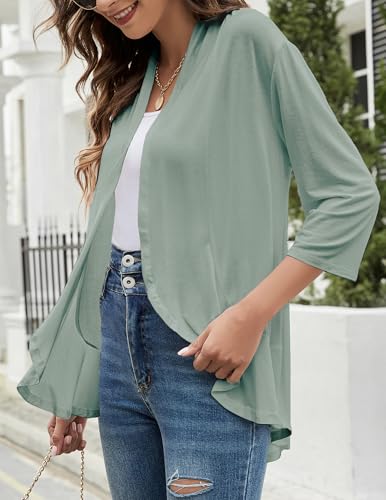 Image of Yekaty Women Cardigan 3 /4 Sleeves Open Front Lightweight Cardigan Draped Ruffles Knit Cardigan