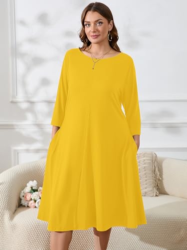 Image of AusLook Women's Plus Midi Dresses Crew Neck A Line 3 /4 Sleeves Casual Elegant Loose Wedding Vacation Dress with Pockets