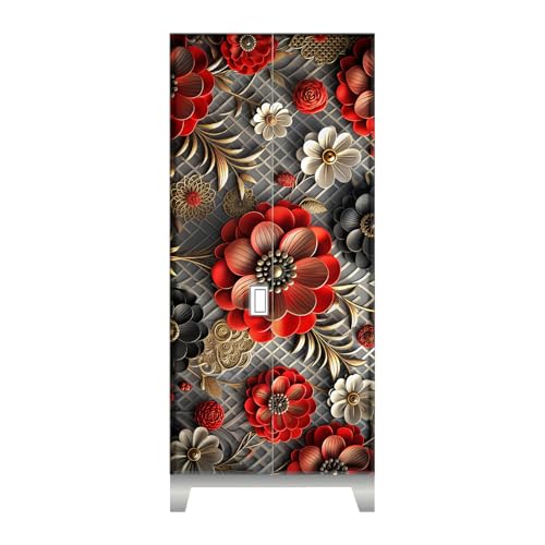 HDWALLPAPES Bold 3D Metallic Floral Almirah Sticker | Crimson Red Flowers Black Accents Gold Details Luxury Relief Design Almirah Decal Wallpaper