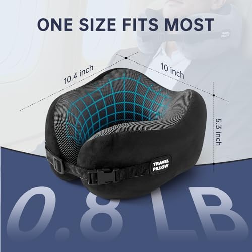 Image of Neck Pillow Travel Pillow - 100% Pure Memory Foam Airplane Pillow with Adjustable Clasp & Removable Cover, Portable Travel Essentials for Long Flights, Car & Office (Black, with Eye Mask)