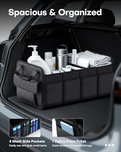 HOTOR Trunk Organizer for SUV – Foldable & Portable Car Organizers and Storage with 2 Compartments, Large Capacity Car Trunk Organizer Car Accessories for Truck Sedan, Black, 21.7