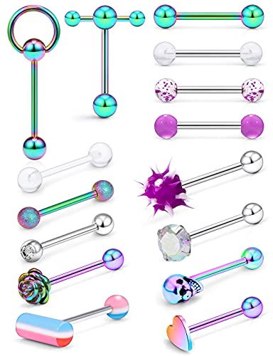 Prjndjw 14G Surgical Steel Tongue Rings for Women Men Teaser Double Barbell with Slave Ring Skull/Flower/Silicone Soft Spike Ball/CZ/Door Knocker/Pill Tongue Ring Piercing Jewelry 5/8inch Black