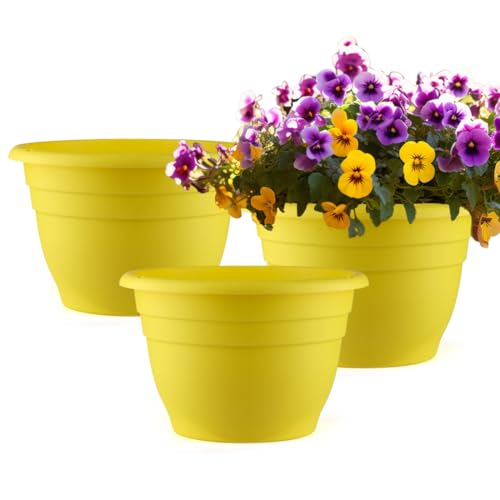 Image of RooTrimmer 3 Pack 11 Inch Plant Pots for Indoor Outdoor,Plastic Floor Planters with Drainage Holes,Lightweight Flower Pots for Home,Patio & Garden(Yellow)