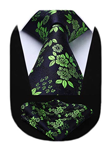 Image of HISDERN Men Floral Ties Woven Classic 3.4 inch Necktie Set Formal Tie Pocket Square for Wedding with Handkerchief Gift Box