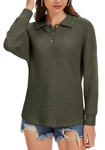 Womens Tops Waffle Knit V-Neck Long Sleeve T-shirts Button Down with Pockets Tunic Fashion Clothing2