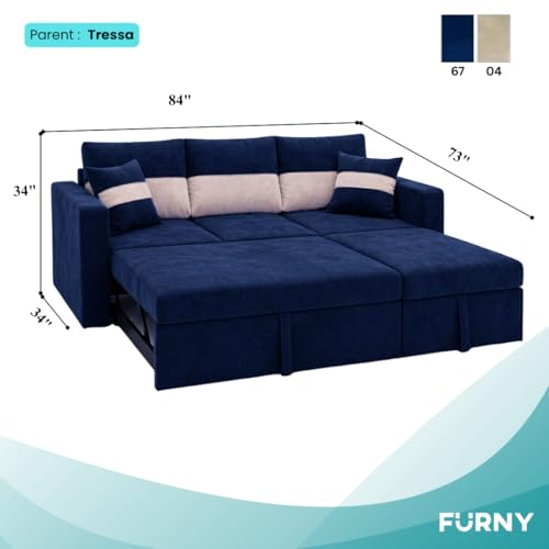 Image of FURNY Soria 4 Seater RHS Lounger Sofa Cum Bed (Dark Blue - Cream) with Pull-Out Function | Luxury Velvet Suede Finish | Durable Comfort | Ideal for Living Room